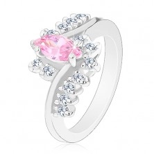 Ligotavý prsteň so striebornou farbou, ružové zrnko, zirkónové číre línie