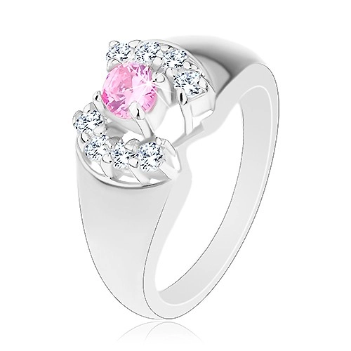 Prsteň so zaoblenými ramenami, okrúhly zirkón v ružovej farbe, číre oblúčiky - Veľkosť: 57 mm