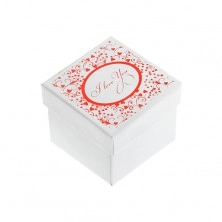 Lesklá biela krabička na prsteň, náušnice alebo prívesok, červená potlač, nápis