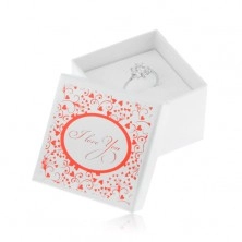 Lesklá biela krabička na prsteň, náušnice alebo prívesok, červená potlač, nápis