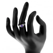 Lesklý prsteň so zúženými ramenami, brúsený ovál, zirkónová obruba čírej farby