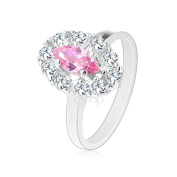Ligotavý prsteň s ružovým brúseným zrnkom, oválny lem z čírych zirkónikov