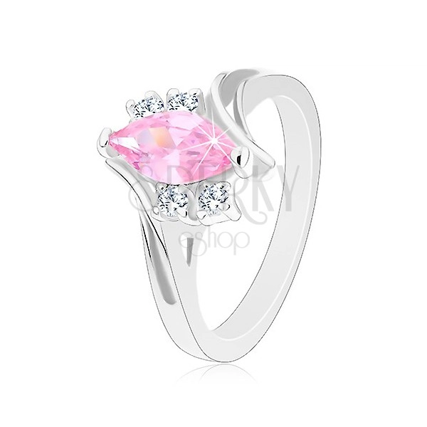 Ligotavý prsteň so zárezom na ramenách, zirkóny v ružovej a čírej farbe