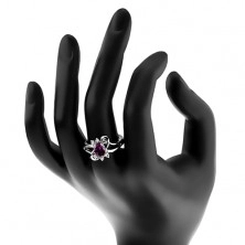 Ligotavý prsteň s rozdvojenými ramenami, fialový brúsený zirkón, hladké oblúky