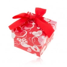 Červeno-biela krabička na prsteň, náušnice alebo prívesok, srdiečka, mašľa