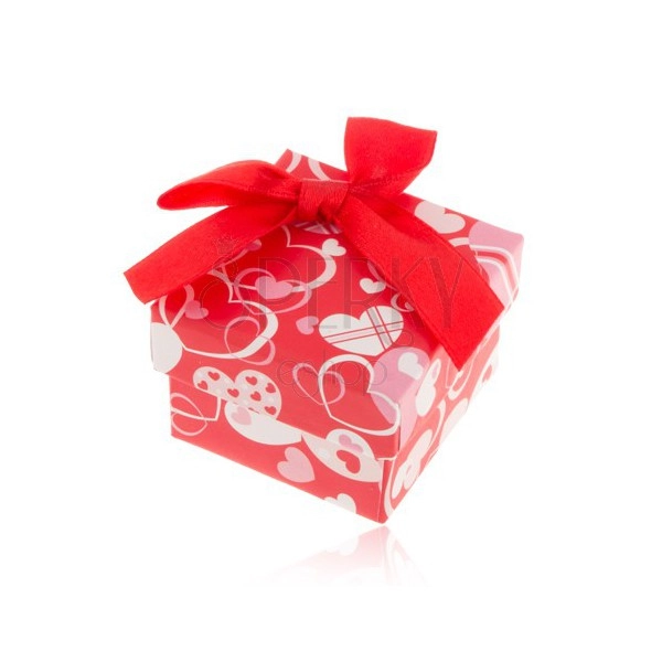 Červeno-biela krabička na prsteň, náušnice alebo prívesok, srdiečka, mašľa