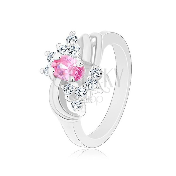 Trblietavý prsteň so striebornou farbou a s ružovým oválom, číre zirkóniky, oblúky