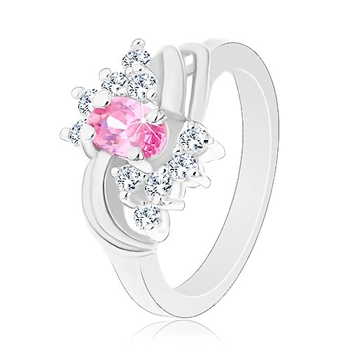 Trblietavý prsteň so striebornou farbou a s ružovým oválom, číre zirkóniky, oblúky - Veľkosť: 58 mm