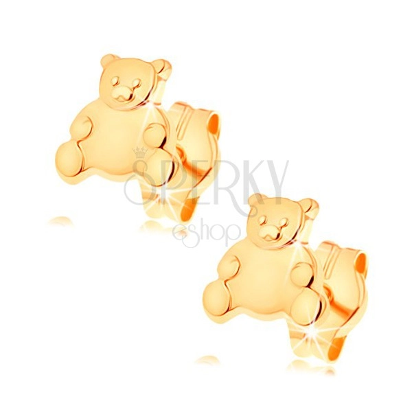 Zlaté náušnice 585 - roztomilý medvedík s lesklým hladkým bruškom
