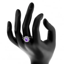 Ligotavý prsteň v striebornej farbe, fialový ovál, priezračná zirkónová obruba