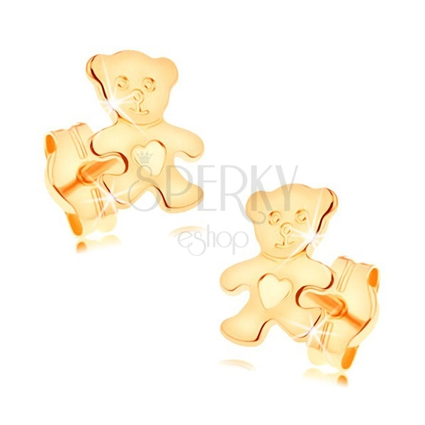 Náušnice zo žltého 14K zlata - ligotavý plochý medvedík so srdiečkom na brušku