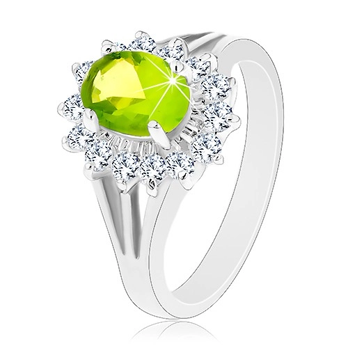 Ligotavý prsteň s rozdelenými ramenami, zirkónový ovál v zelenej farbe - Veľkosť: 52 mm