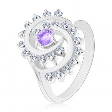 Ligotavý prsteň s ozdobnou špirálou s čírym lemom, svetlofialový zirkón
