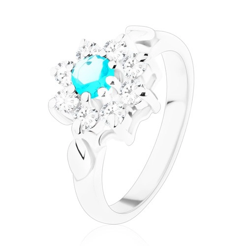 Lesklý prsteň v striebornej farbe, svetlomodrý zirkón s čírymi lupeňmi, lístky - Veľkosť: 59 mm