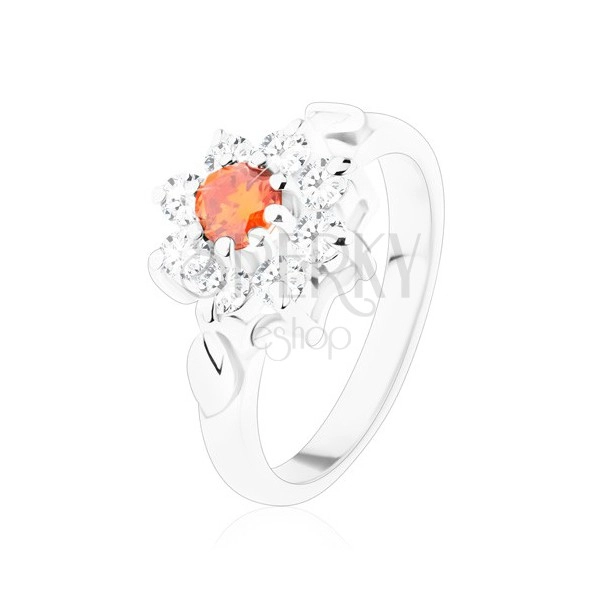 Jagavý prsteň s kvietkom a lístočkami, zirkóny v oranžovej a čírej farbe
