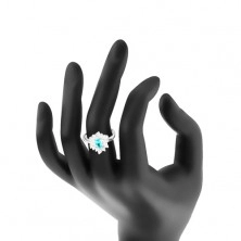 Lesklý prsteň so zúženými ramenami, akvamarínové zirkónové zrnko, číry lem
