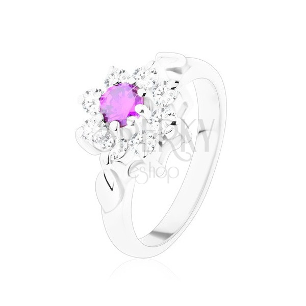 Lesklý prsteň s ozdobnými lístočkami, ametystovo fialový zirkón, číre lupene
