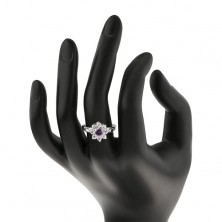 Lesklý prsteň s ozdobnými lístočkami, ametystovo fialový zirkón, číre lupene