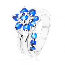 Jagavý prsteň s rozdelenými ramenami, zirkónový kvet v modrom odtieni