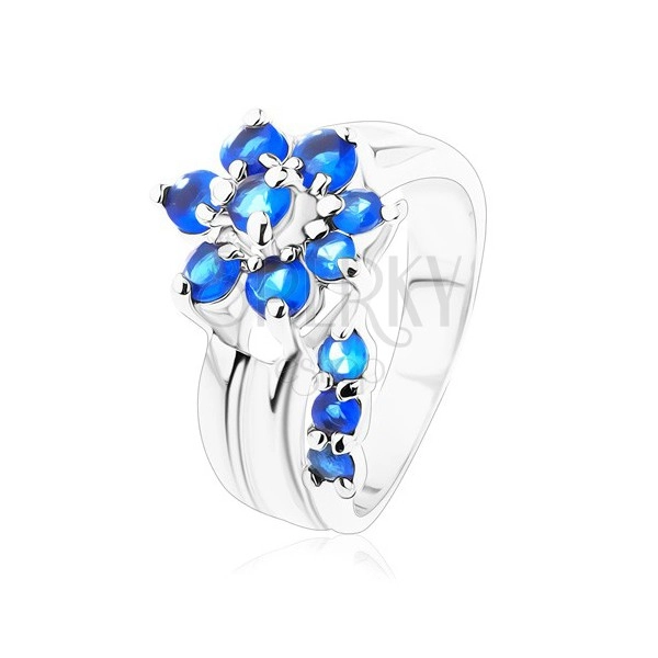 Jagavý prsteň s rozdelenými ramenami, zirkónový kvet v modrom odtieni