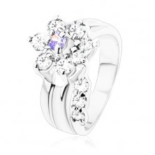 Ligotavý prsteň, ohnutá stonka, zirkónový kvet vo svetlofialovej a čírej farbe