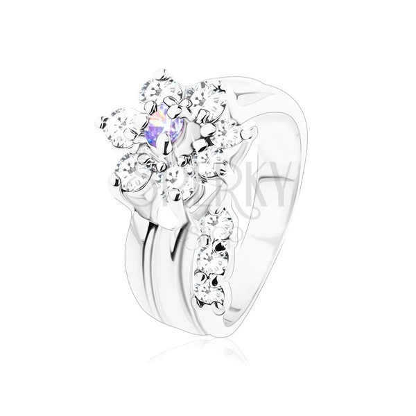 Ligotavý prsteň, ohnutá stonka, zirkónový kvet vo svetlofialovej a čírej farbe