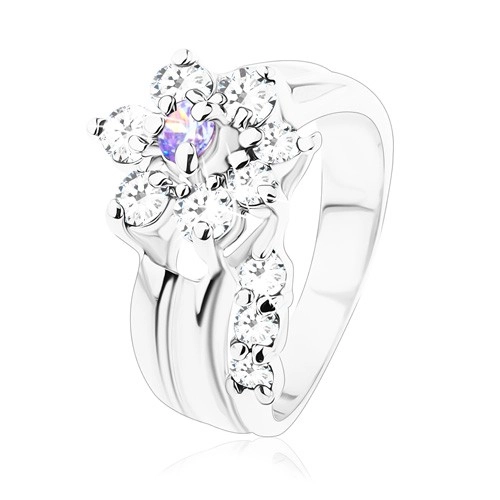 Ligotavý prsteň, ohnutá stonka, zirkónový kvet vo svetlofialovej a čírej farbe - Veľkosť: 53 mm