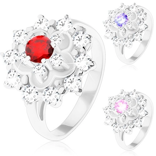 Trblietavý prsteň v striebornom odtieni, kontúra kvetu, okrúhle zirkóny - Veľkosť: 57 mm, Farba: Svetlofialová