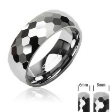 Wolfrámový prsteň striebornej farby, brúsené lesklé šesťhrany, 6 mm