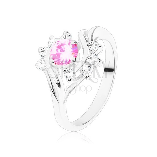 Lesklý prsteň s úzkymi ramenami v striebornej farbe, ružový zirkón, číry oblúk