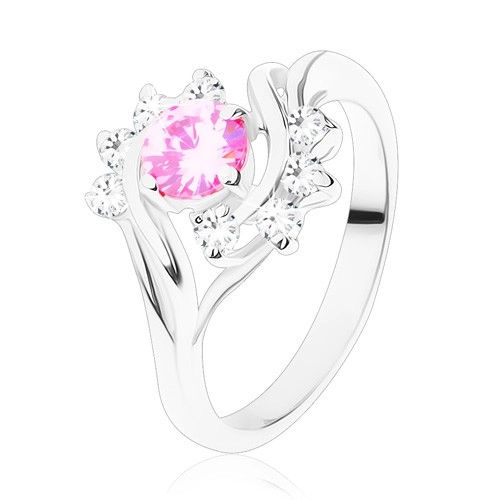 Lesklý prsteň s úzkymi ramenami v striebornej farbe, ružový zirkón, číry oblúk - Veľkosť: 53 mm