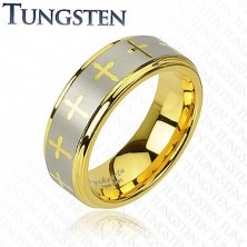 Tungstenový prsteň v zlatom odtieni, krížiky a pás striebornej farby, 8 mm