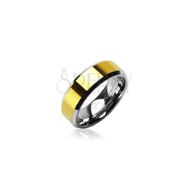 Wolfrámový prsteň so skosenými hranami a stredovým pásom v zlatej farbe, 8 mm