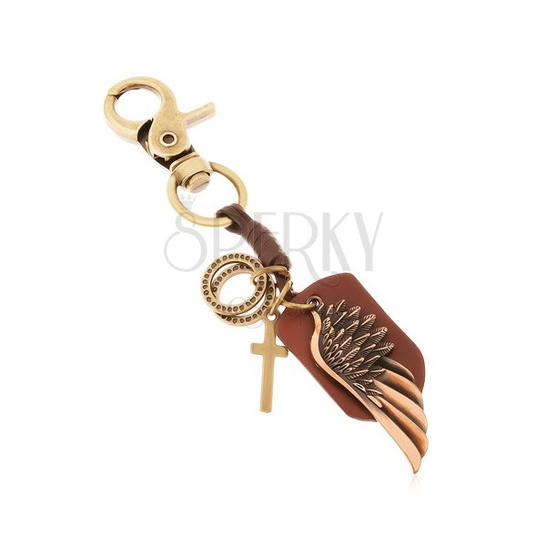 Kľúčenka mosadznej farby - umelá koža, anjelské krídlo, kríž a obruče