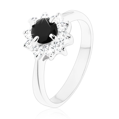 Ligotavý prsteň s úzkymi ramenami, okrúhly čierny zirkón s čírym lemovaním - Veľkosť: 54 mm