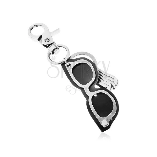 Prívesok na kľúče s patinovaným povrchom, sivo-čierne okuliare z kože a ocele