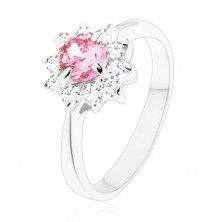 Lesklý prsteň so zirkónovým kvietkom v ružovej a čírej farbe, zúžené ramená