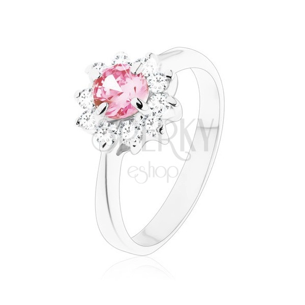 Lesklý prsteň so zirkónovým kvietkom v ružovej a čírej farbe, zúžené ramená