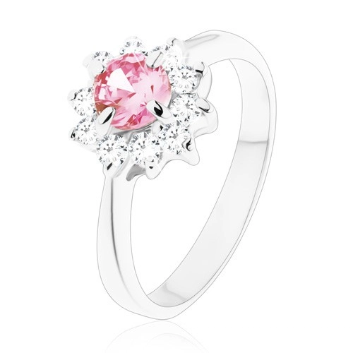 Lesklý prsteň so zirkónovým kvietkom v ružovej a čírej farbe, zúžené ramená - Veľkosť: 52 mm