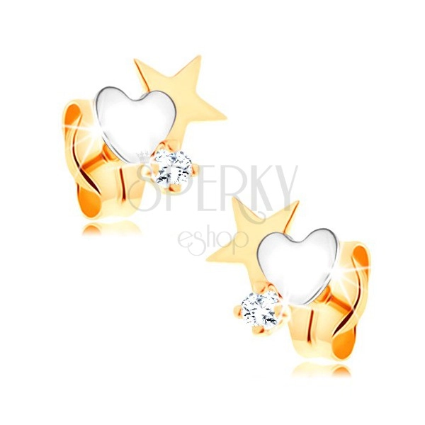 Dvojfarebné zlaté náušnice 585 - hviezda a srdce, okrúhly číry zirkónik
