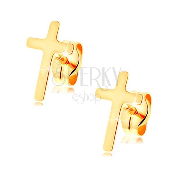 Náušnice v žltom 14K zlate - malý latinský krížik, vysoký lesk, puzetky