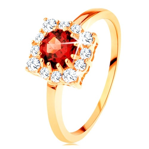 Zlatý prsteň 585 - štvorcový zirkónový obrys, okrúhly červený granát - Veľkosť: 63 mm