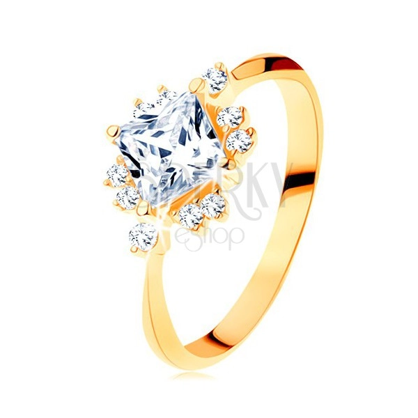 Zlatý prsteň 585 - ligotavý brúsený štvorec, drobné zirkóniky čírej farby