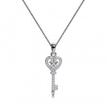 Strieborný náhrdelník 925, retiazka a prívesok, ligotavý kľúčik so srdiečkom