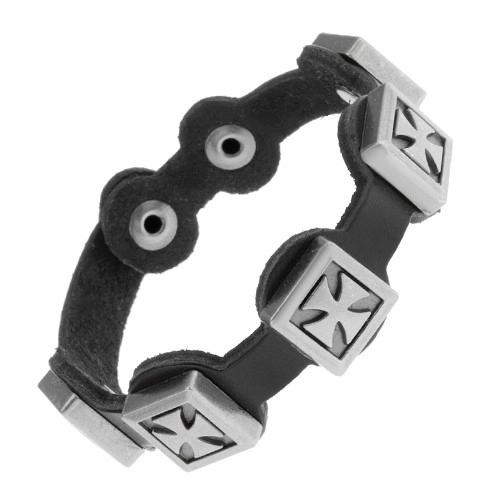 E-shop Šperky Eshop - Čierny náramok zo syntetickej kože, patinované maltézske kríže z ocele Y33.18