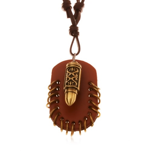 E-shop Šperky Eshop - Náhrdelník z umelej kože, prívesky - hnedý ovál s krúžkami a náboj Y34.05