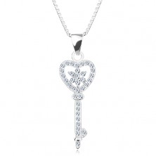 Strieborný 925 náhrdelník - retiazka s príveskom, zirkónový kľúč - srdce, kvet