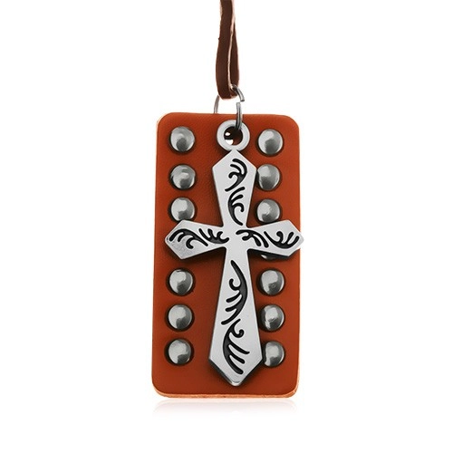 E-shop Šperky Eshop - Kožený náhrdelník - oceľový kríž s čiernymi zárezmi, vybíjaný pás kože Y34.18
