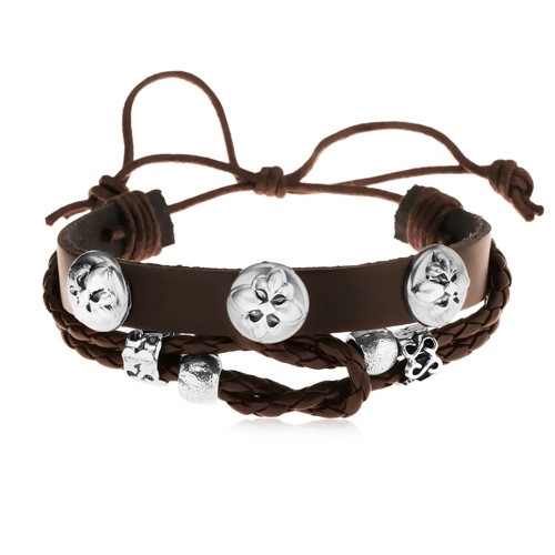 E-shop Šperky Eshop - Kožený náramok tmavohnedej farby s oceľovými ozdobami, ľaliové kríže Y35.10