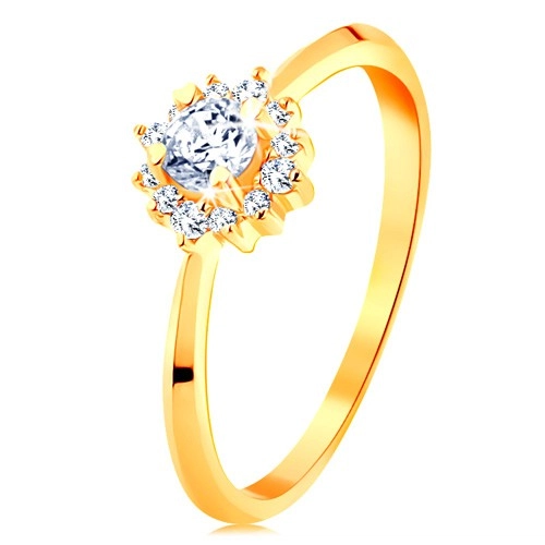 Zlatý prsteň 585 - ligotavý kvietok z čírych zirkónov, tenké lesklé ramená - Veľkosť: 49 mm